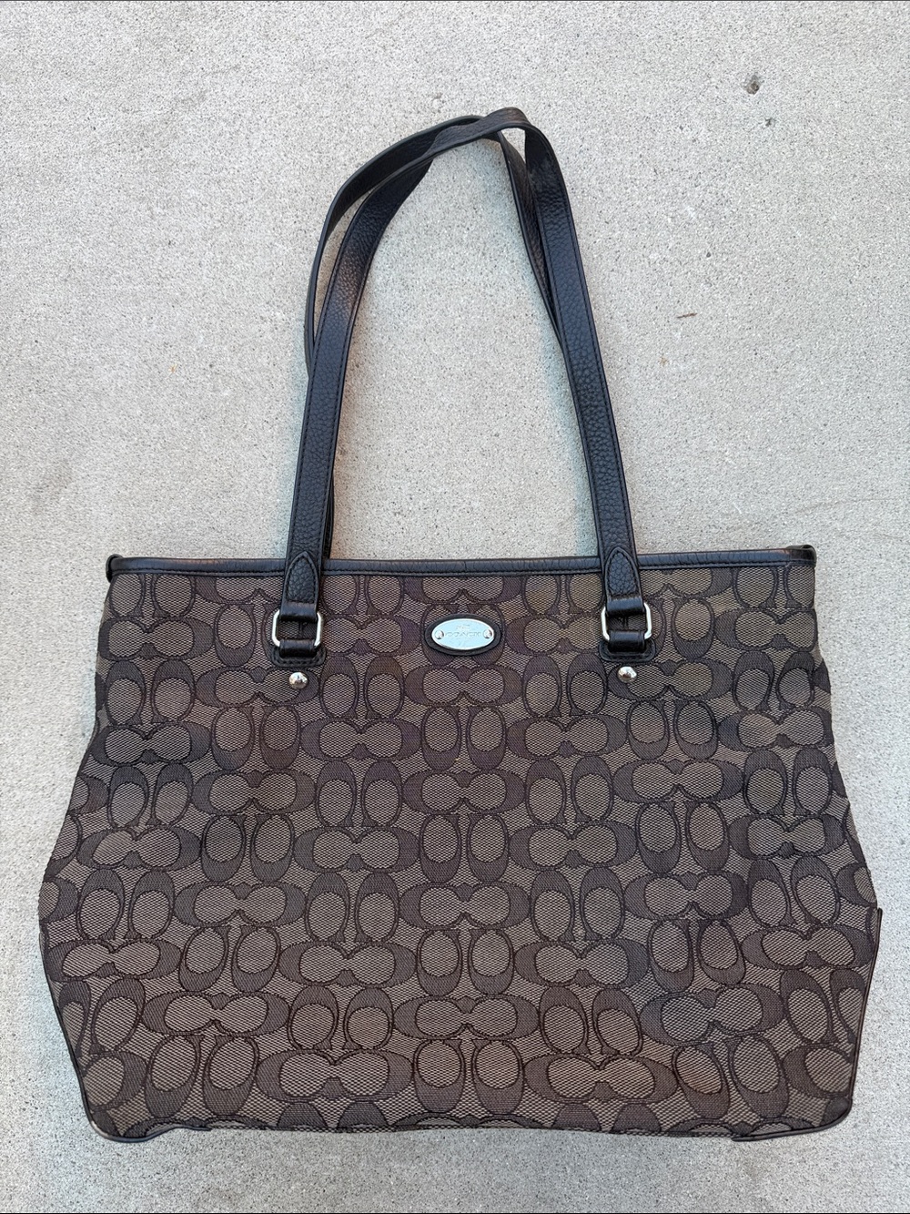 Coach Brown Signature Jacquard Monogram Zip Top Tote with Dark Leather Trim